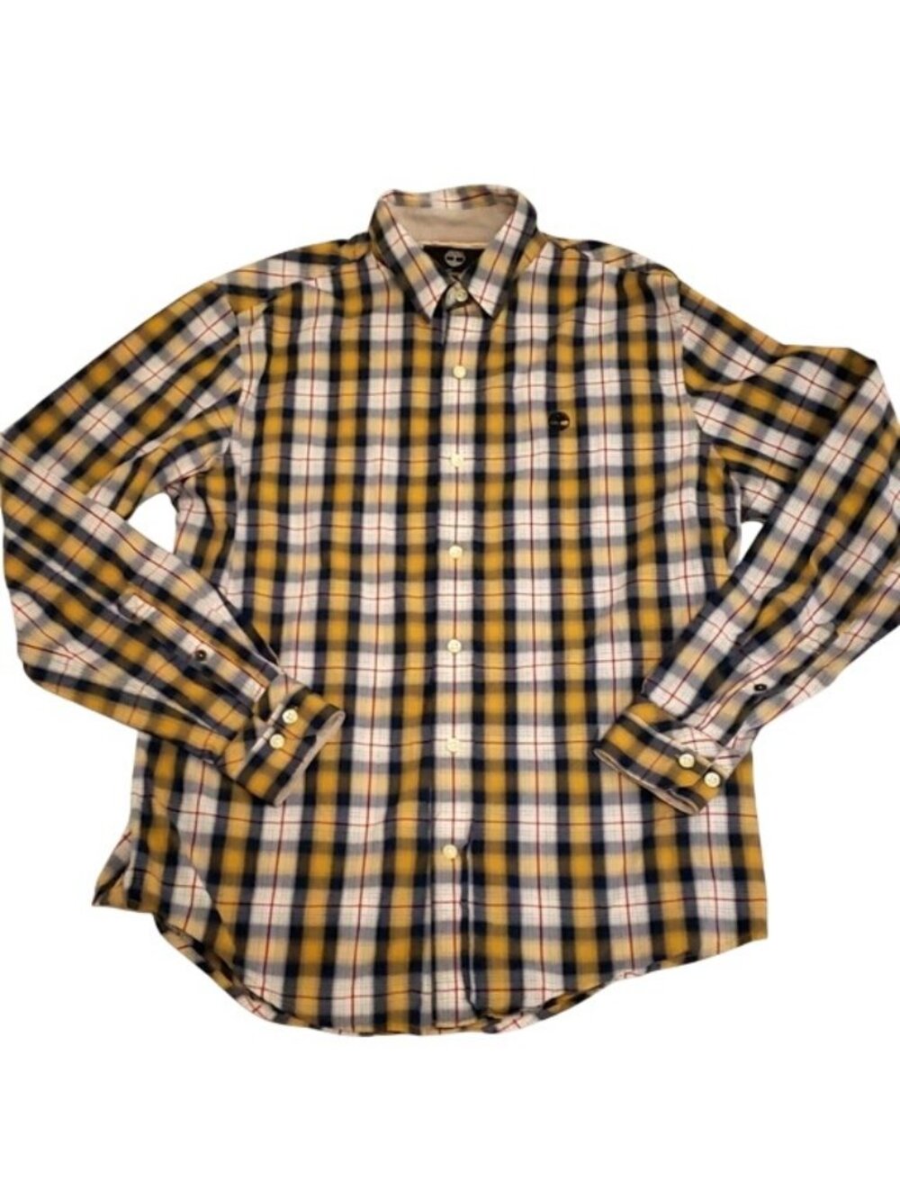 Timberland Earthkeepers White Yellow & Blue Plaid Button-Up Shirt Mens Small S